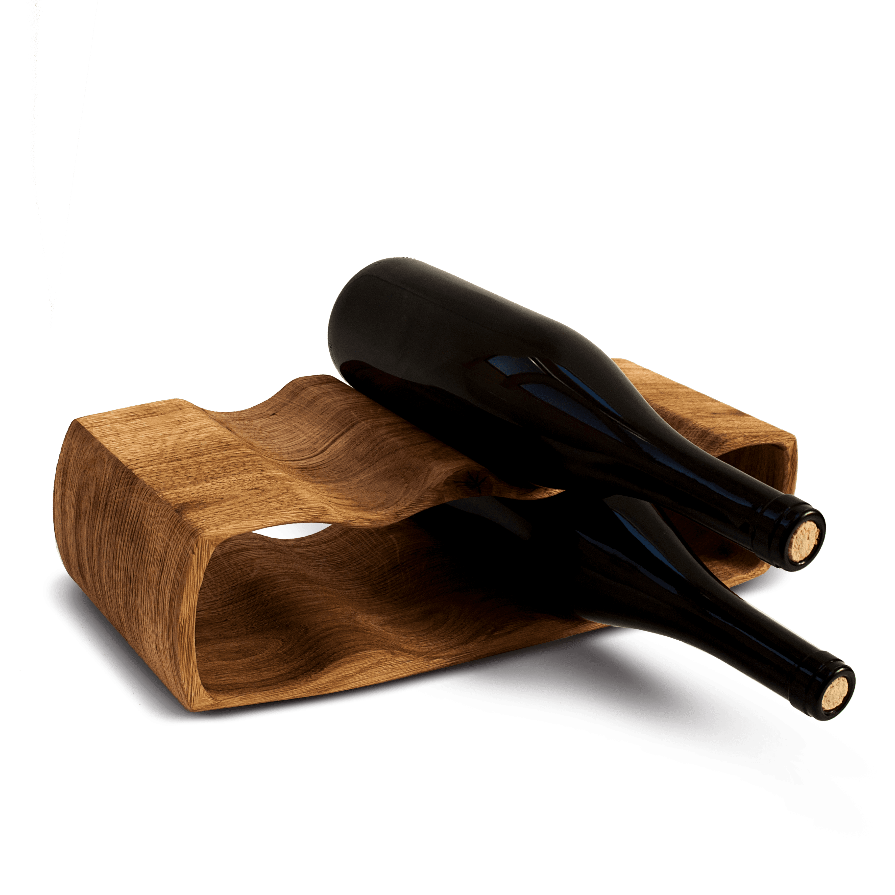 Wavy walnut bottle display rack for premium wine and oil presentation