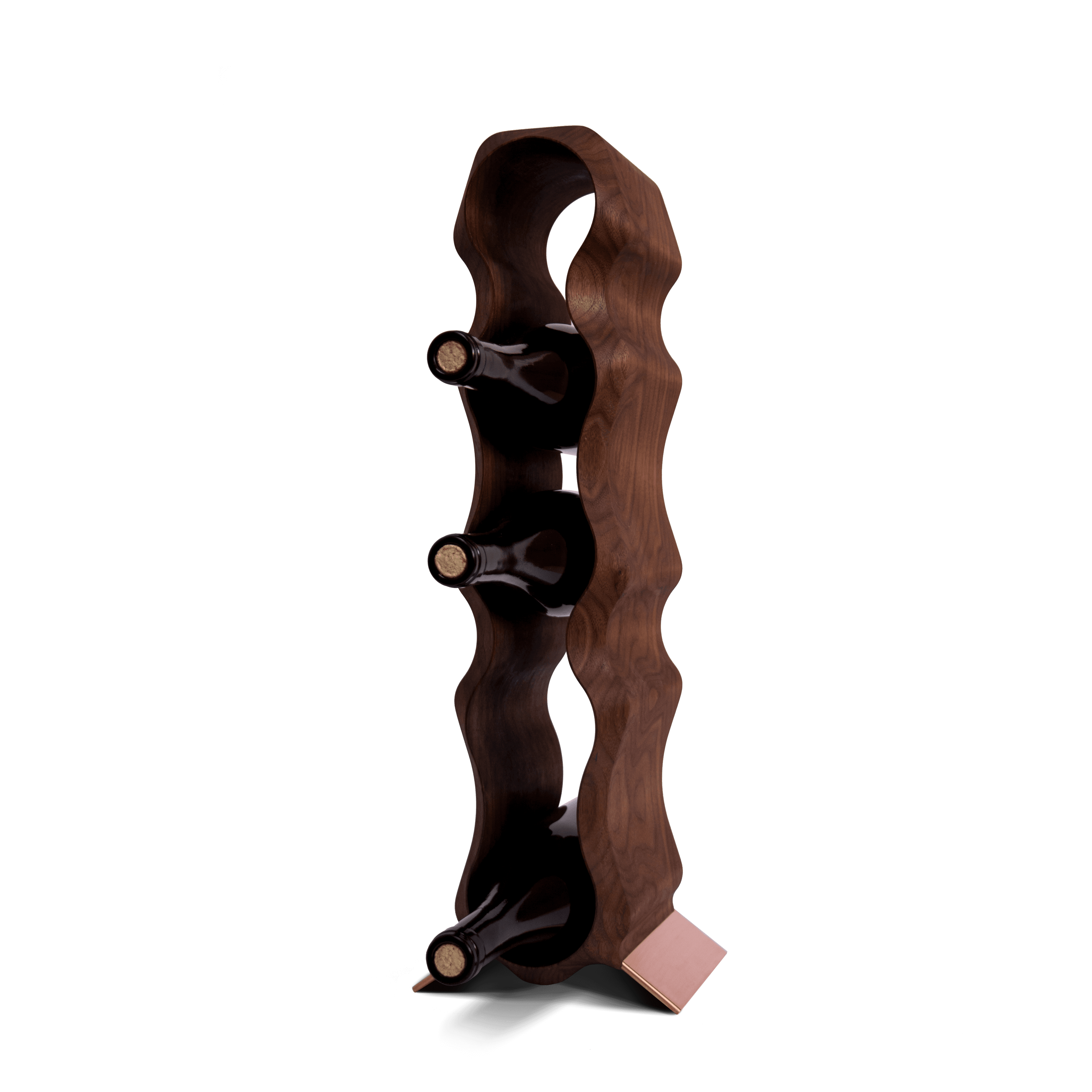 Sculptural American walnut bottle stand for premium oils and fine wine